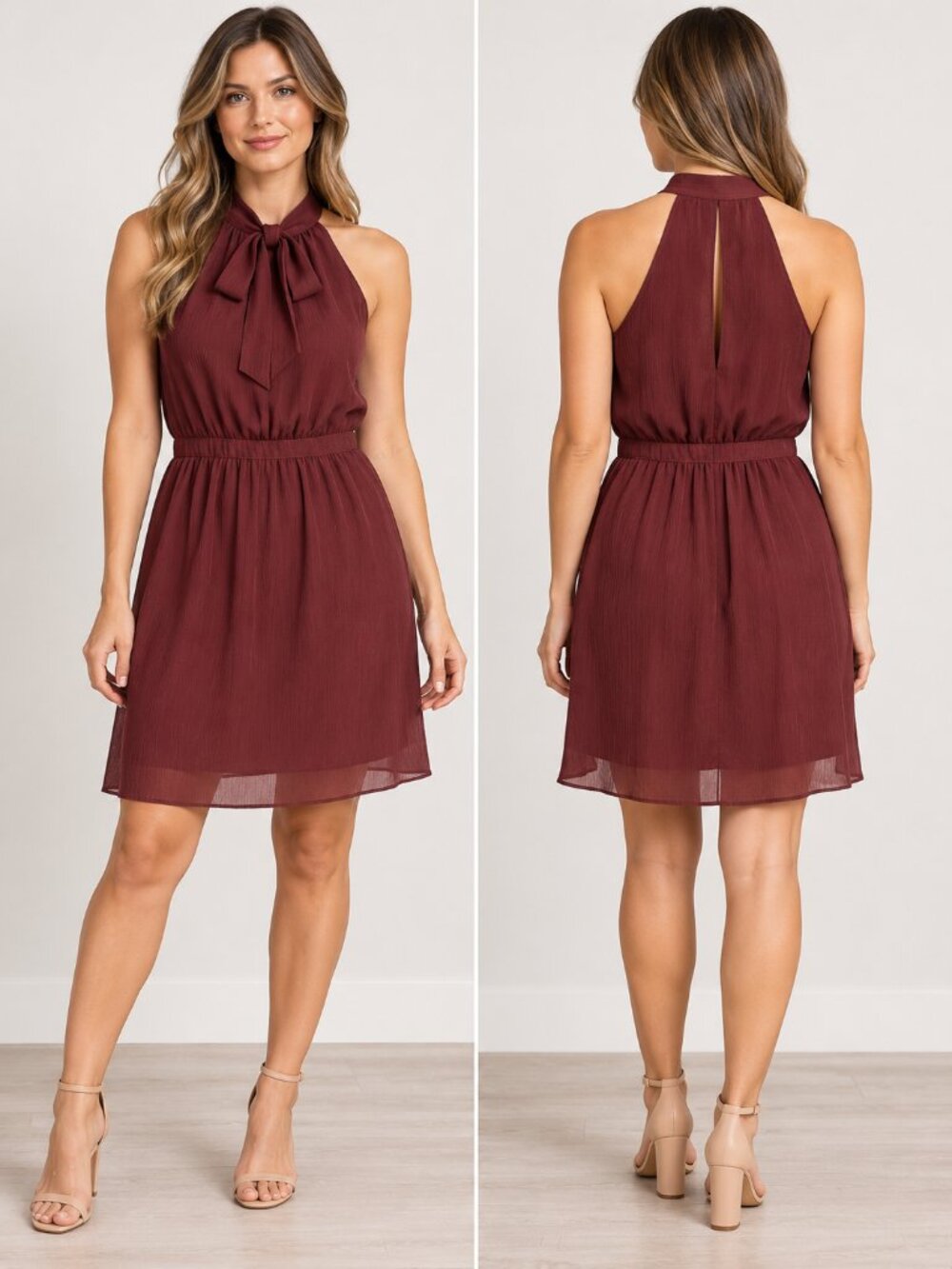 Banana Republic Burgundy Tie Neck Pleated Chiffon Dress Size 8